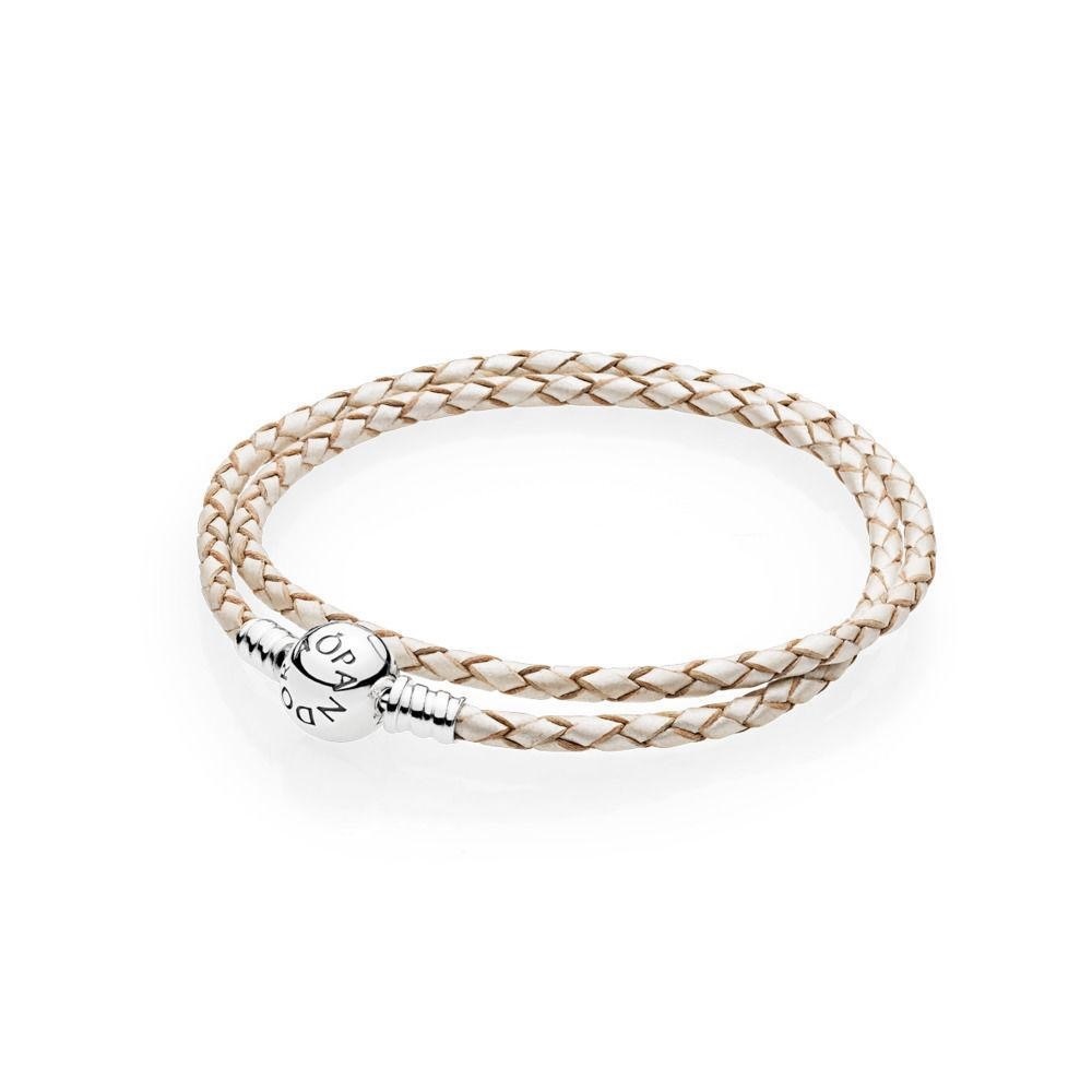 Pandora White and Brown Double-Leather Wrap-around Bracelet 16"